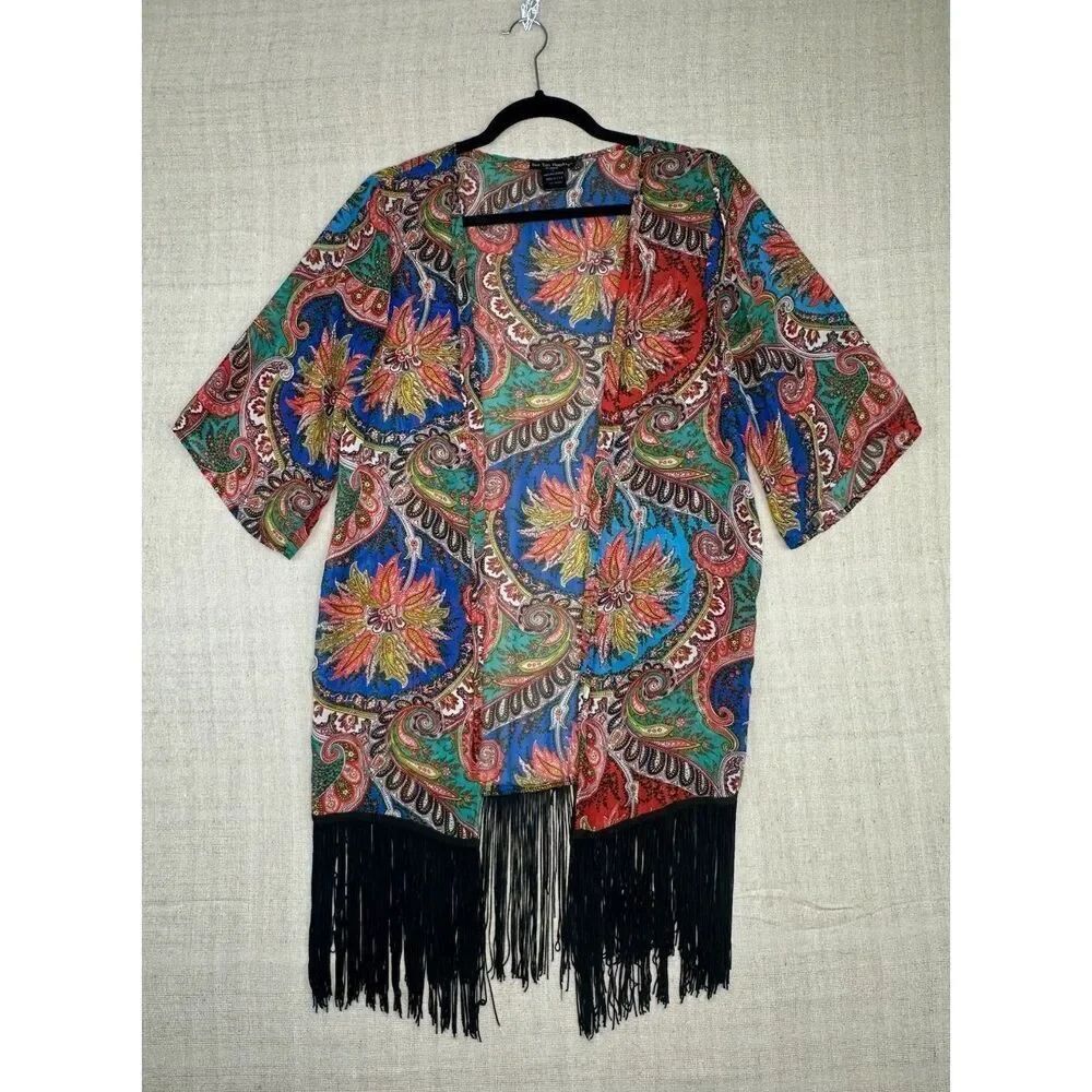 See You Monday Paisley Sheer Black Fringe Kimono Cardigan Duster Size Small